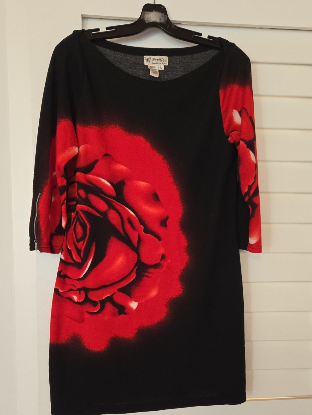 Papillon Blanc Black Dress with Red Rose Motif